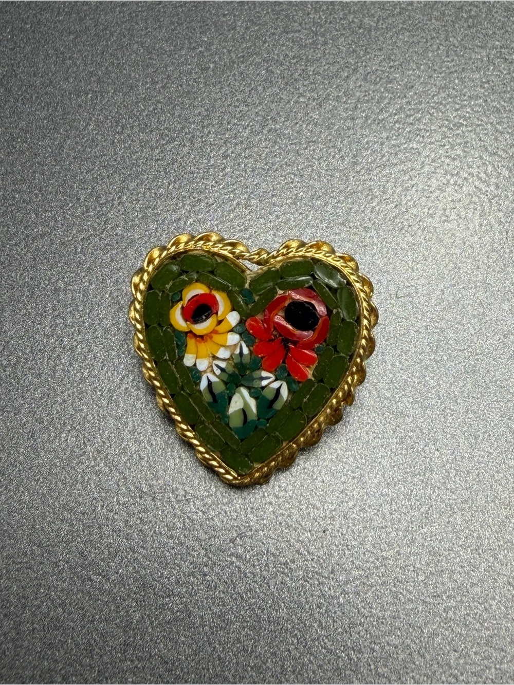 Vintage Heart Shaped Floral Micro Mosaic Pin - Green, Red & Yellow